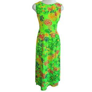 Kimo's Polynesian Shop Vintage Hawaiian Green Floral Maxi Tiki Dress